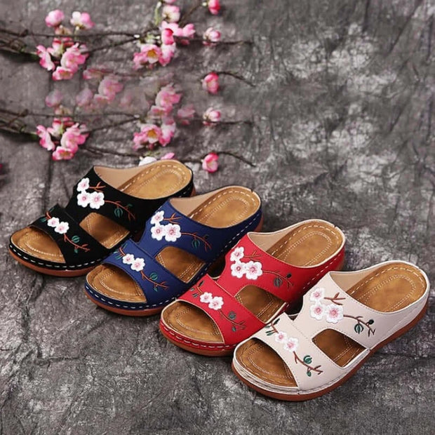 Embroider Flowers Leather Sandals