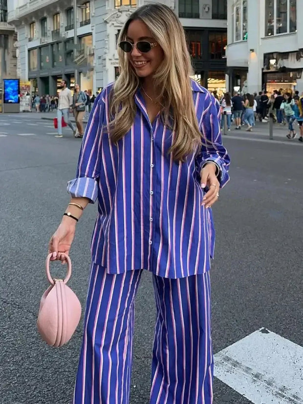 Women's Oversized Striped Shirt Pants Suit