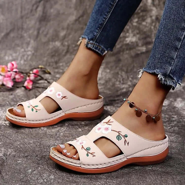 Embroider Flowers Leather Sandals