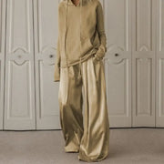 Gold Hooded Long Sleeves Tops&High Waisted Wide Leg Pants