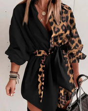 Leopard Print Long Sleeve Belted Casual Daily Mini Dress