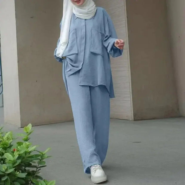 Women Solid Color Top And Loose Pant Suit