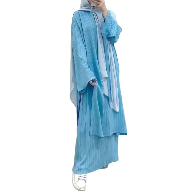 Long Sleeve Wrinkled Pleated Robe Top and Skirt Set