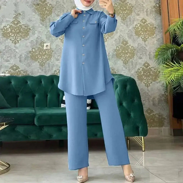 Women Solid Color Top And Loose Pant Suit