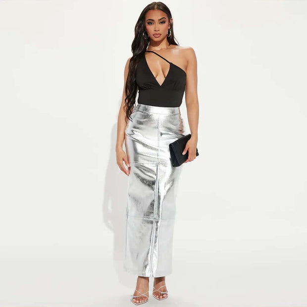 High Waist Metallic Maxi Skirt