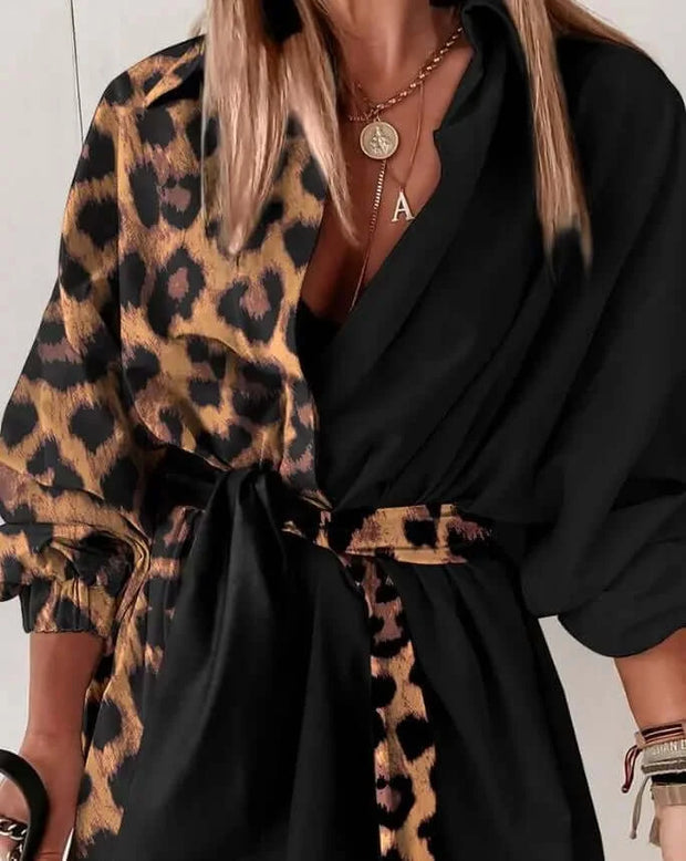 Leopard Print Long Sleeve Belted Casual Daily Mini Dress