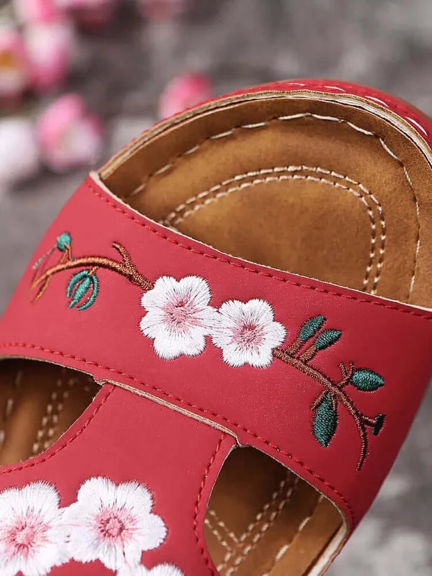 Embroider Flowers Leather Sandals