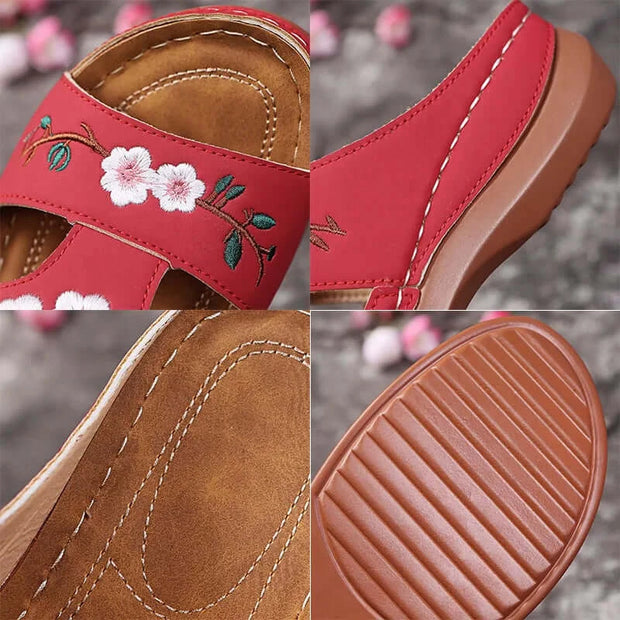 Embroider Flowers Leather Sandals