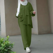 Women Solid Color Top And Loose Pant Suit