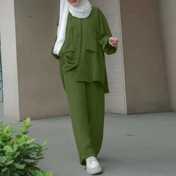 Women Solid Color Top And Loose Pant Suit