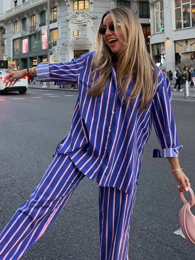 Women's Oversized Striped Shirt Pants Suit