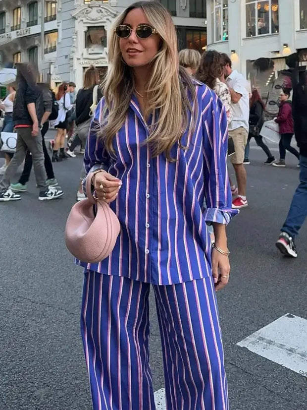 Women's Oversized Striped Shirt Pants Suit