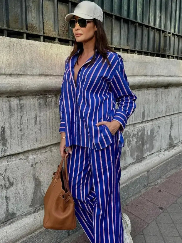 Women's Oversized Striped Shirt Pants Suit