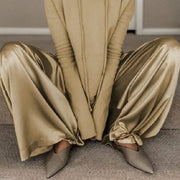 Gold Hooded Long Sleeves Tops&High Waisted Wide Leg Pants