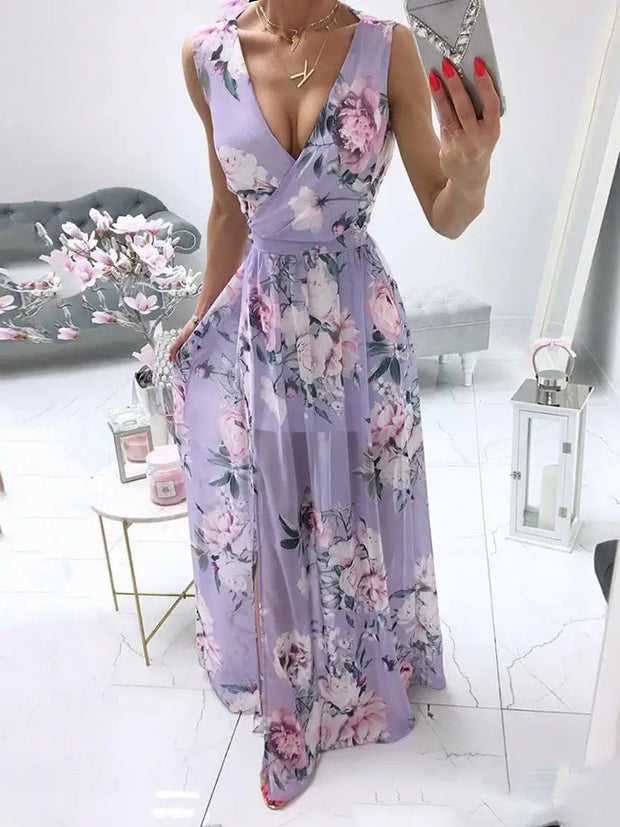 Deep V-Neck Chiffon Dress