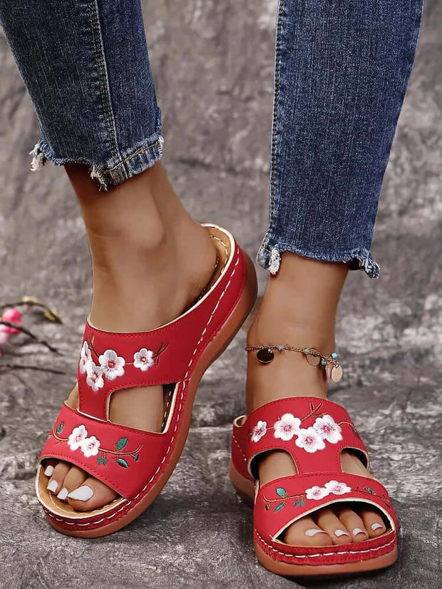 Embroider Flowers Leather Sandals