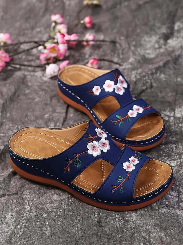 Embroider Flowers Leather Sandals