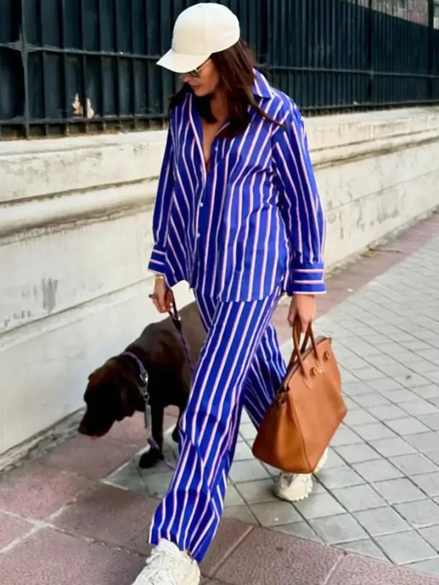 Women's Oversized Striped Shirt Pants Suit